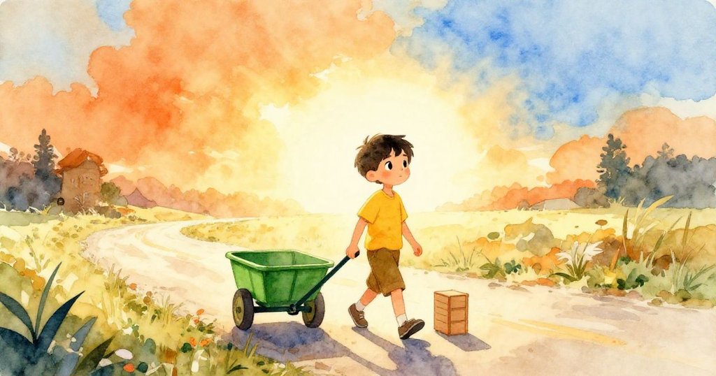 米洛在清晨步行,矮綠車及木箱的剪影映襯藍天,臉上透露著好奇和堅定,展開冒險序幕。