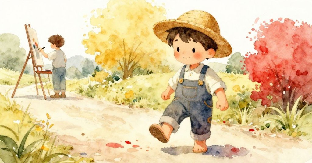 米洛行走時腳步印在鄉間路面上,細節展示鞋子及地面油漆痕跡,背景中畫家專注作畫,呈現動態進程。