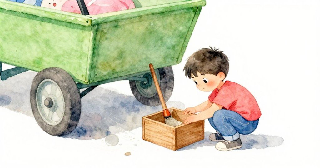 米洛蹲下探看車下木箱,注意到沾有油漆的長刷與滴落顏料,畫面採用傾斜角度呈現奇幻動態。