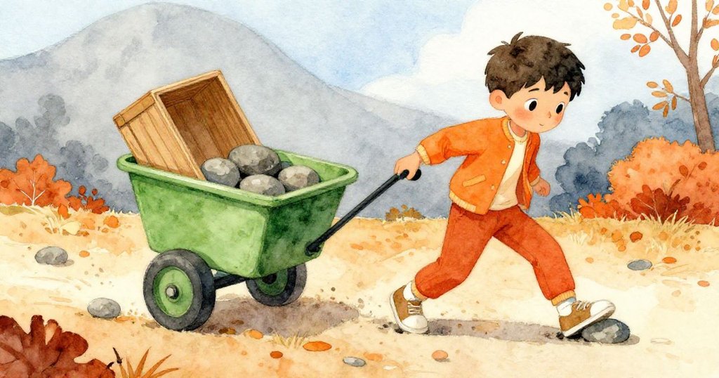 米洛在秋日微涼中小心移開路上石塊,調整車架讓木箱釋放,場景充滿努力與期待的情感。