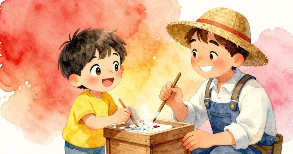 米洛清除木箱上灰塵,畫家在一旁欣慰點頭,兩人共享成功喜悅,呈現溫暖慶祝氛圍。