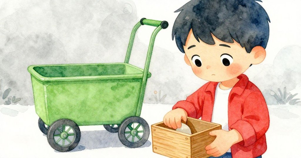 米洛將木箱小心收入衣袋,綠色車子穩定守護背景,象徵著無盡冒險與好奇心,臉上洋溢滿足與希望。