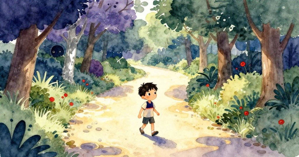 凱走在公園小徑上，溫暖陽光灑落在小石頭上，環境充滿自然美感，臉上流露期待與興奮，故事開始展開。