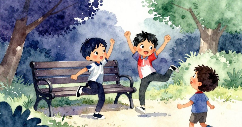 凱走過音樂長椅，看見兩個孩子快樂起舞，臉上露出驚喜與好奇，周圍公園環境充滿活力，情緒生動。