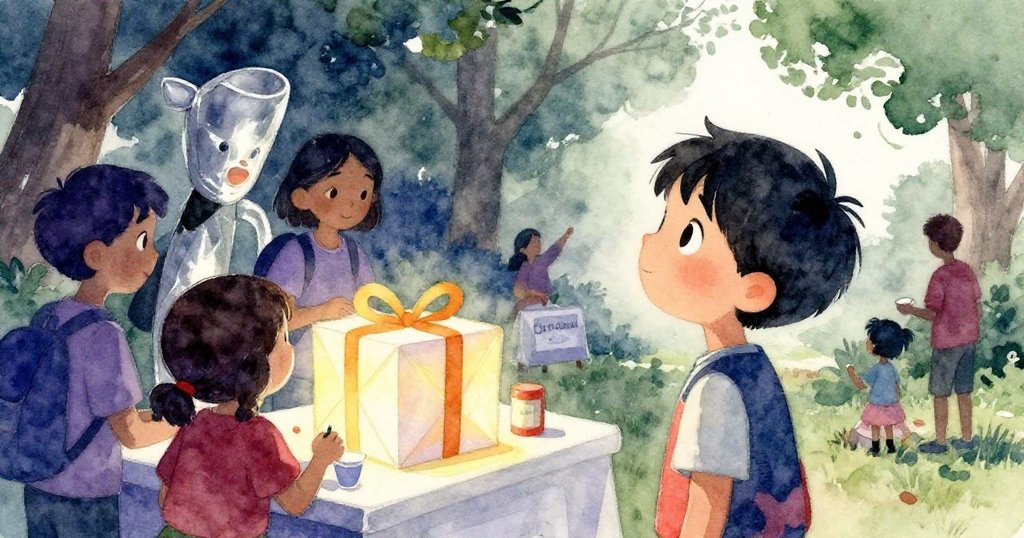 凱仰望捐贈台，台上擺著吸引人的閃亮禮物，周遭有人捐贈玩具，他眼神充滿驚嘆與期待，氣氛溫馨。