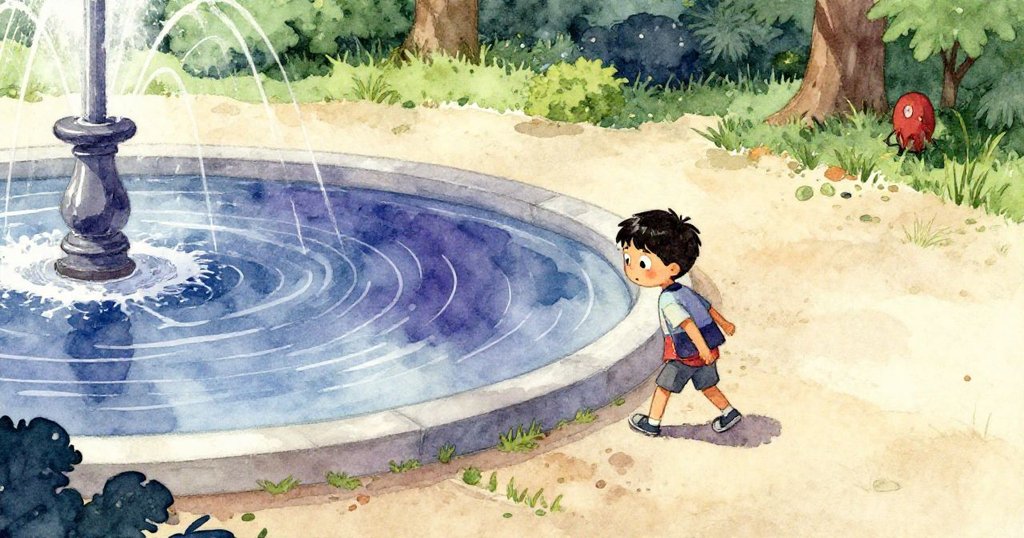 從高處望見凱於噴泉旁，面對擋路積水，他踏上乾燥青草，神情思索，周圍自然美景靜謐展開。