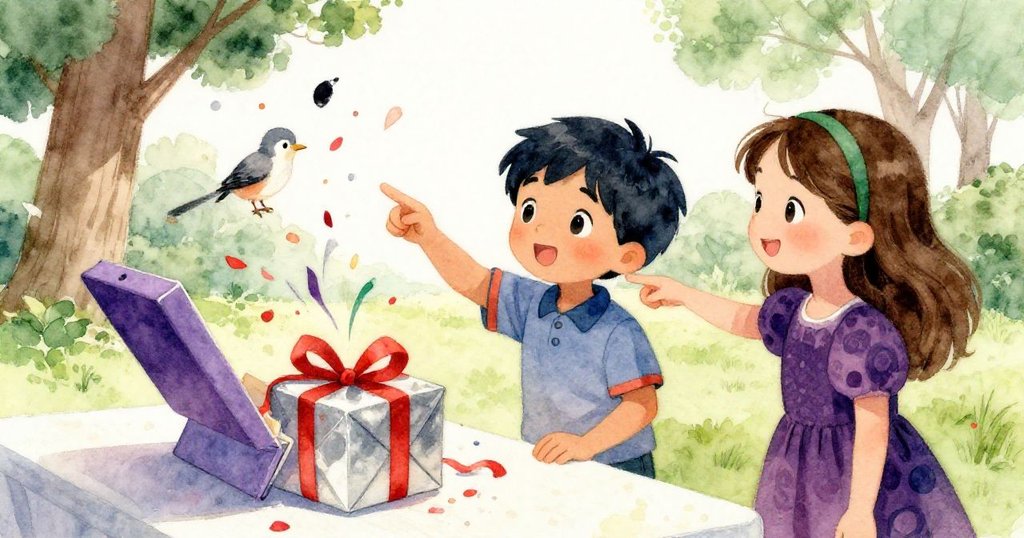 凱回到捐贈台前，見到打開的禮物釋放彩色絲帶與紙花瓣，他妹妹指向附近小鳥，神情充滿好奇與驚喜，溫馨感人。