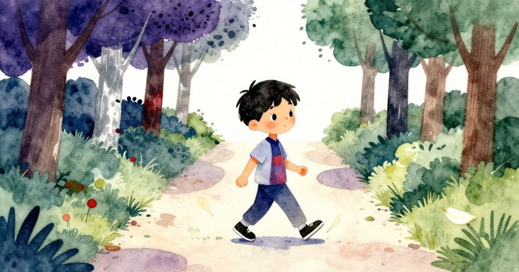 凱再次走上公園小徑，鞋上留有一瓣淡雅花瓣，他望向延伸的新路，神情堅定而溫柔，象徵著珍貴回憶與新起點。