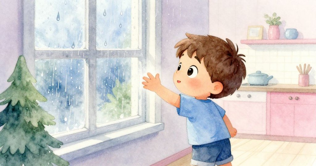 小提姆興奮伸手觸摸窗戶，房間光線明亮，背景中雨滴落下，媽媽從廚房傳來溫柔呼喚，故事開始的情景。
