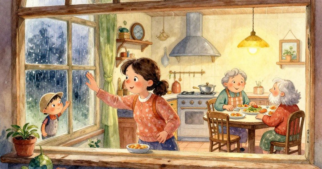 小提姆專注地抓住窗框，鏡頭特寫木紋細節與閃亮雨滴，傳達觸感與期待，故事逐步展開。