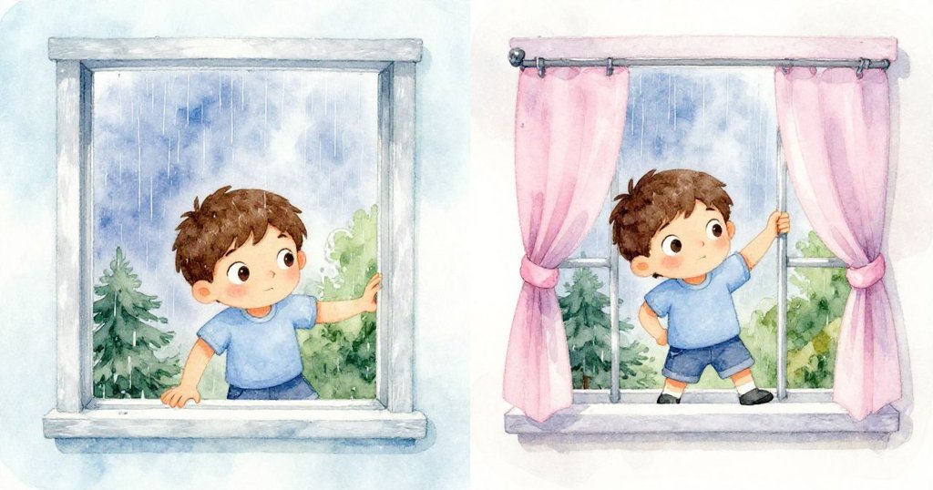 小提姆分屏中展現兩個動作，一邊推下窗邊，一邊拉上窗沿，手部動作明顯，表情堅定，情節漸進。