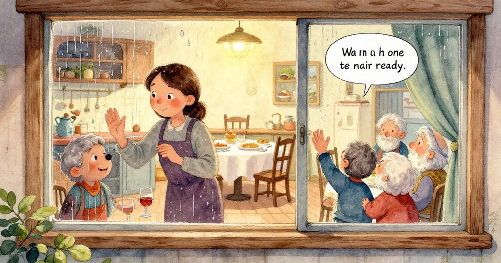 透過滿是雨滴的窗玻璃看到水樣質感，窗外一隻毛髮濕潤、閃亮的狐狸靜靜走過，營造神秘夢幻氛圍。