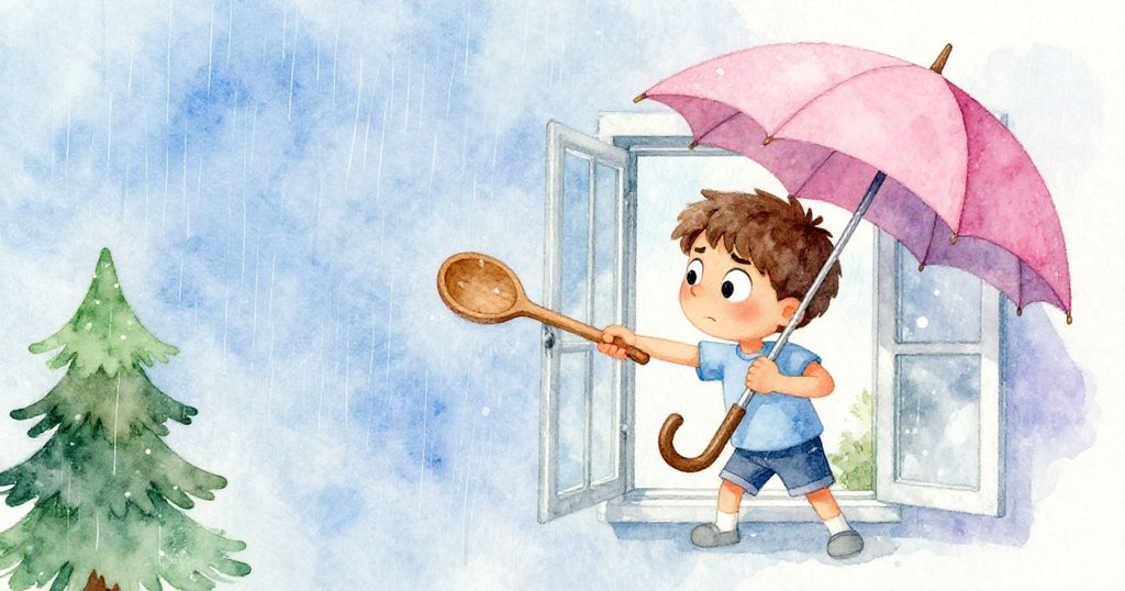 小提姆用傘柄和木匙努力撬窗，臉上滿是堅定，窗框碰觸窗台，背景中雨聲韻律悄然響起，氣氛緊張。