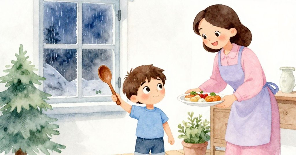 小提姆臉上滿是自豪，手持木匙迎來帶著晚餐的母親溫柔微笑，窗戶關閉後雨夜顯得平靜，故事畫下圓滿句點。