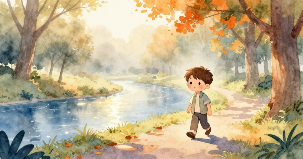 男孩Ben在溫暖晨光下於公園慢步行走，背景有明亮的河流與高大樹木，展現輕柔早晨的迷人氛圍