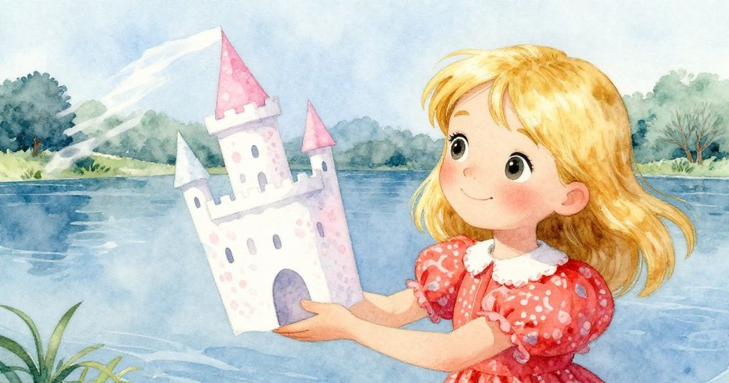 女孩Lily站在平靜河邊，近距離呈現她專注的眼神與溫柔握持的紙城堡，微風吹拂下城堡稍稍傾斜，流露出驚訝情緒