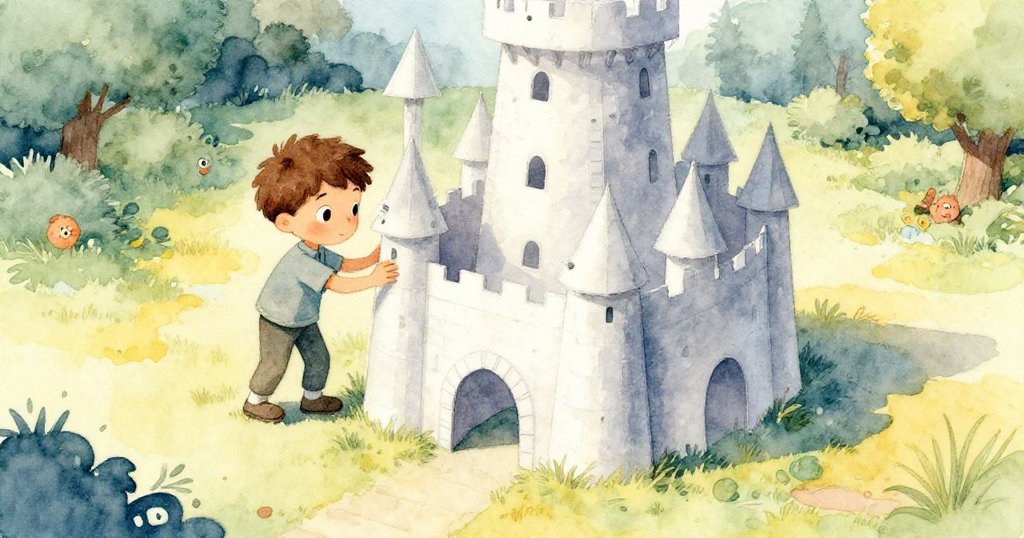 從高處俯視，男孩Ben正小心走向搖晃中的紙城堡塔樓，伸手穩住寬大基座，展現出堅定與專注的神情