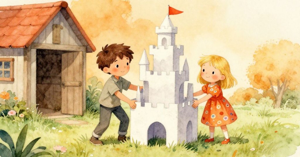 男孩Ben與女孩Lily在柔軟青草上合作抬起紙城堡，背景顯現一座古色古香的小屋，散發出室外新奇室內般的溫馨氣息