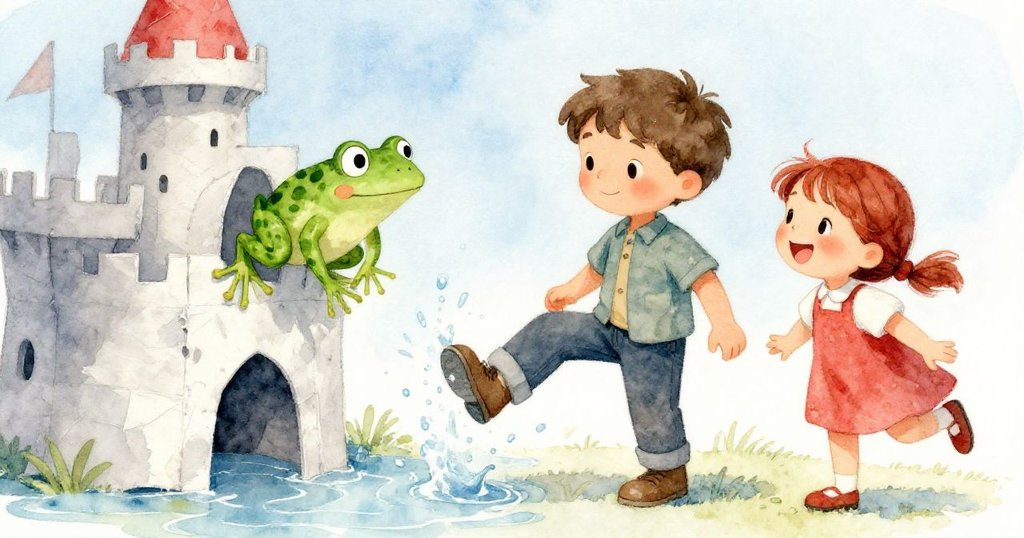 一隻綠色小青蛙從紙城堡中躍出，水花噴濺至男孩Ben的棕色鞋上，Ben與Lily都露出愉悅笑容，充滿生動趣味