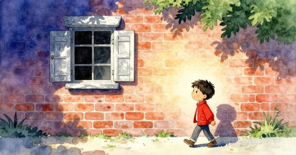 李奧走在紅磚牆邊，暖陽灑落映出窗前神祕氣息，他邁步前進，充滿好奇與冒險的開篇情景。