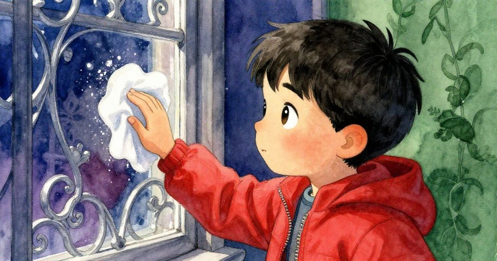 李奧近距離凝視覆滿灰塵的窗戶，用袖子輕輕拭去污跡，眼中閃現專注與期待，展開發現之旅。