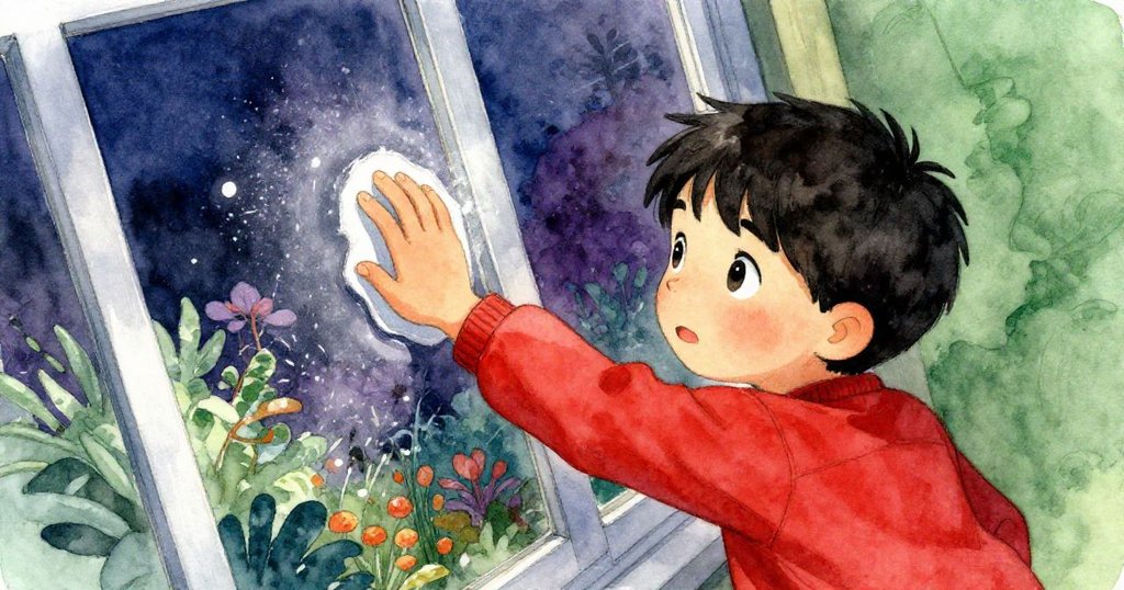 李奧側身擦拭窗玻璃，灰塵隨動態角度飛揚，窗外露出綠意盎然景致，流露驚喜與探索熱情。