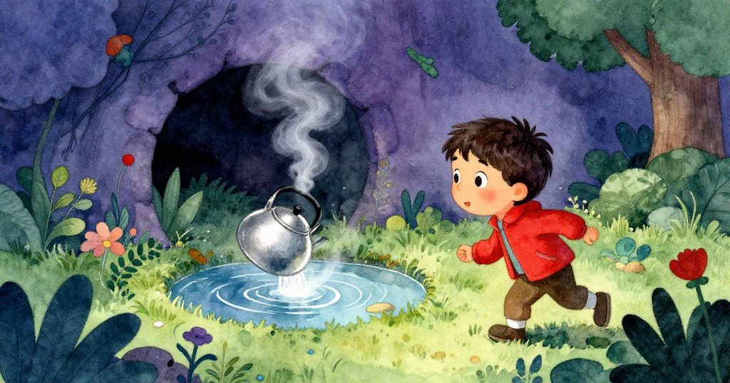 李奧走近隱秘庭園中的圓形洞口，發現池塘中倒置茶壺冒薄霧，呈現神秘與寧靜的探險情景。