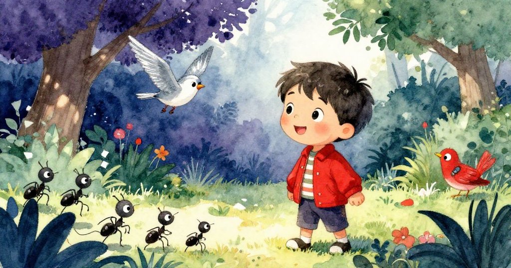 李奧與小鳥、螞蟻共享新奇發現，臉上滿溢喜悅，畫面生動呈現大自然中溫馨歡慶的氛圍。