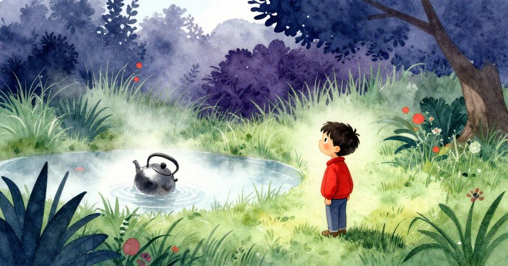 李奧靜立於充滿霧氣的庭園邊，凝視池塘中倒置茶壺與搖曳草叢，結局寧靜溫馨，心中滿足。