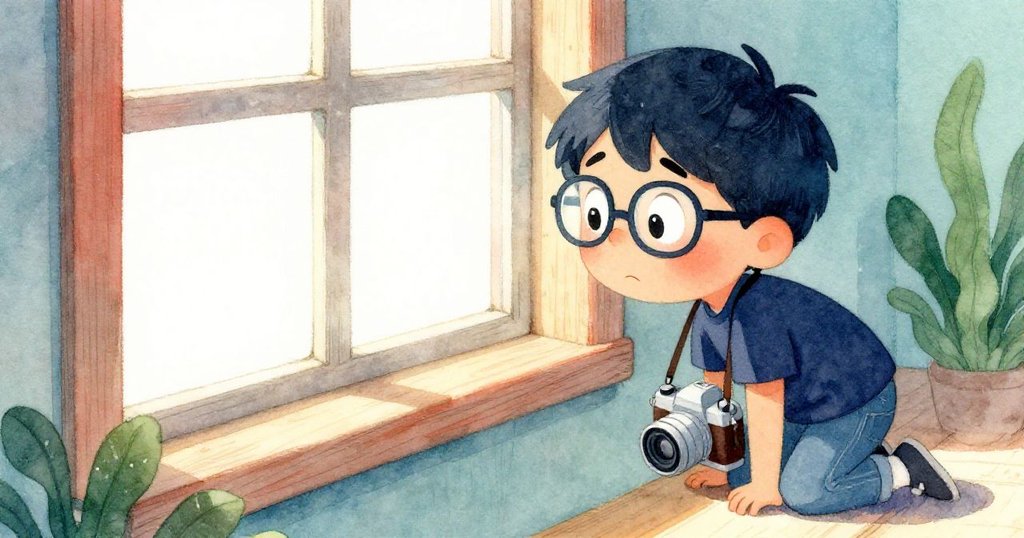 提姆好奇探向低窗,窗框質感與眩光營造出疑惑感,光影互動展現窗口神秘氛圍。