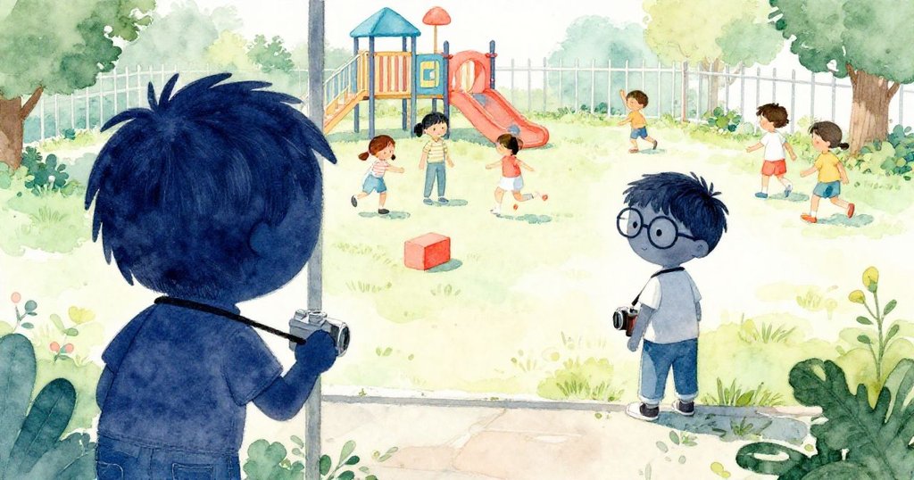 提姆透過籬笆縫隙觀察孩子們玩耍與積木滾動,充滿夏日活力與互動熱情,眼神專注。