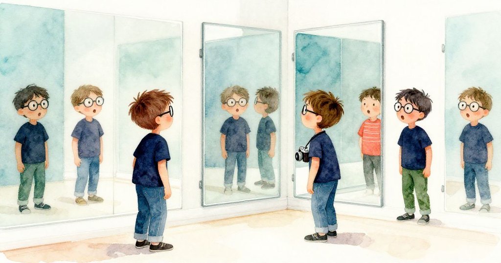 提姆站在鏡子牆前驚奇凝視,室內光線柔和,鏡中倒影重重展現他陌生又真實的面容。