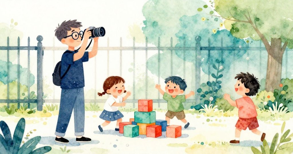 提姆聚精會神舉起相機捕捉孩子們快樂嬉戲,明亮積木與溫暖陽光交織出歡樂氛圍。