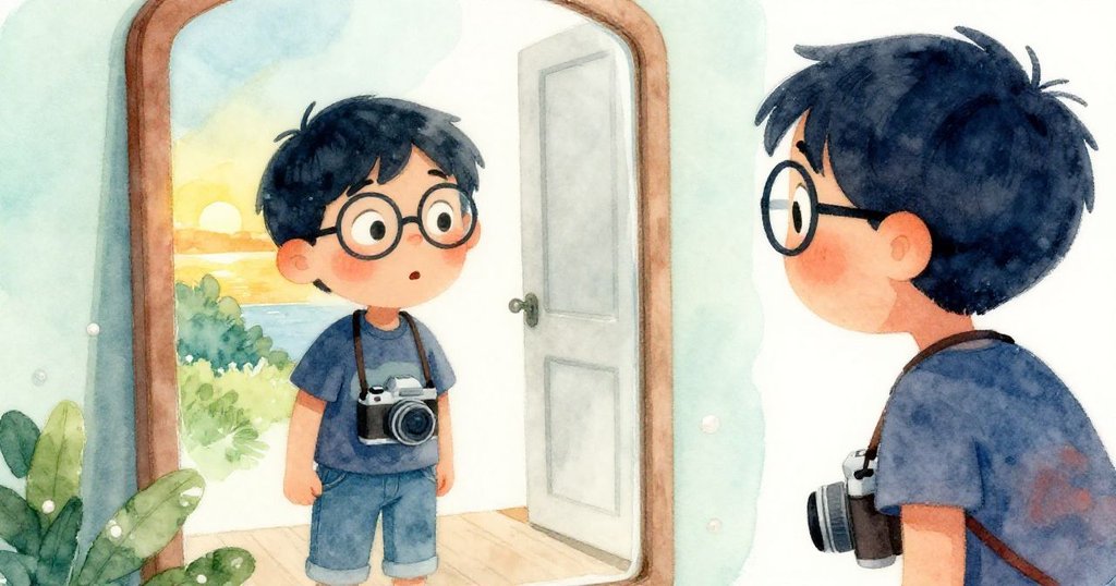 提姆在夕陽映照下凝視鏡中自己驚詫的面容,隨後輕眨眼離去,空門靜謐中流露淡淡感傷。