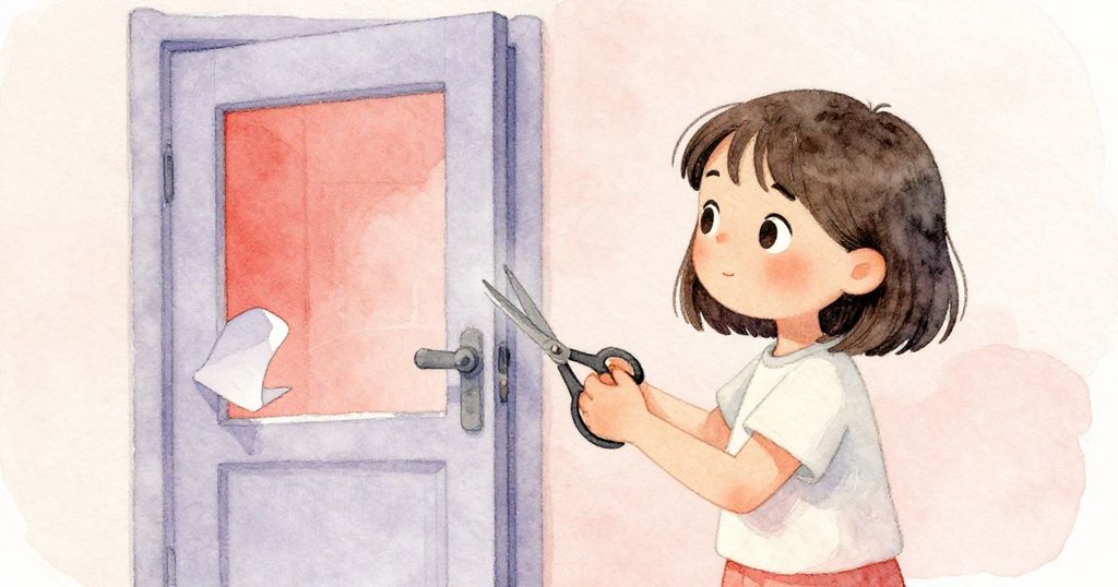 Mila聚精會神地檢查剪下的紙門，手中持著剪刀，透出興奮與創新之情，背景展示溫暖工作環境。