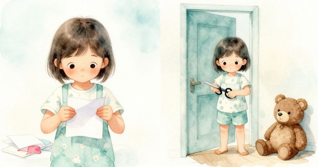 Mila在分割畫面中左側折疊紙張、右側用剪刀剪門洞，旁邊小熊靜靜等待，展現創意製作的雙重過程。