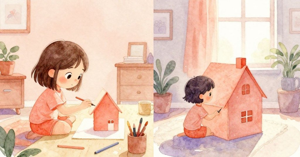 Mila在同一工作台上展示晨光與夕陽的變化，忙碌中創造紙屋，旁邊的小熊見證每個時間段的美好。