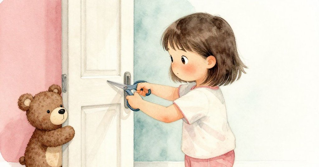 Mila專注地用剪刀擴大紙門，眉宇間透露出些微緊張，小熊在旁等待，環境充滿期待與溫馨氣息。