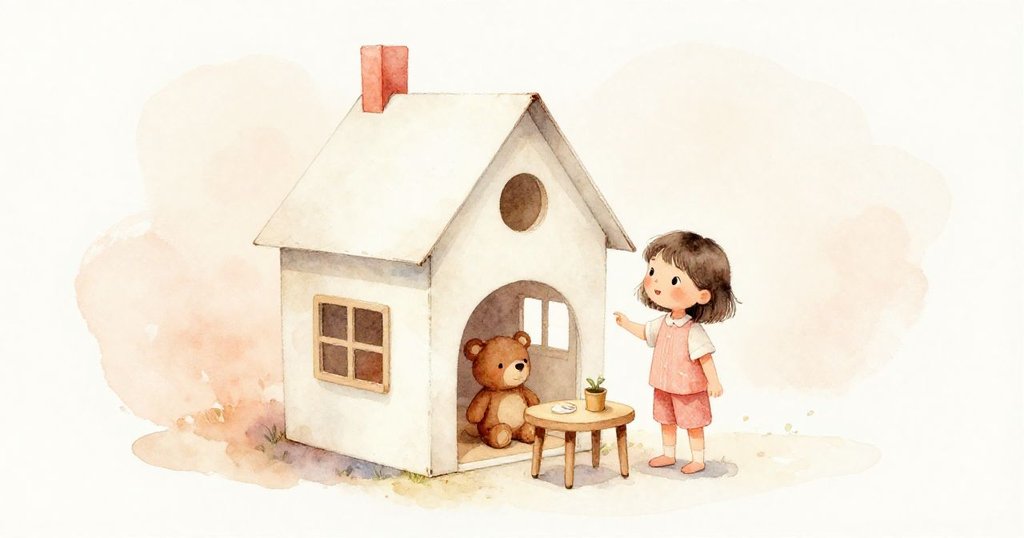 Mila滿意地站在完成的紙屋旁，紙屋內紙椅和燈架已固定，小熊順利走入，整個場景充滿平和與成就感。