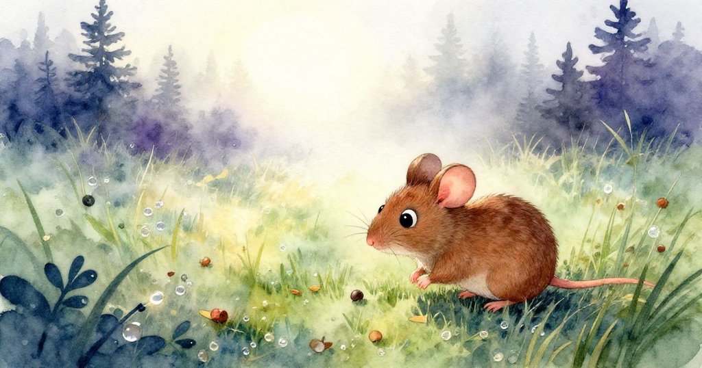 在溫柔晨霧中，小老鼠Milo在廣闊草原上驚奇地發現一顆閃光的種子，光線柔和温暖。