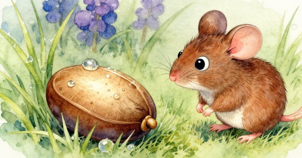 小老鼠Milo蹲在露珠晶瑩的草叢中，仔細打量光滑細緻的種子，展現大自然精緻紋理，神情專注。