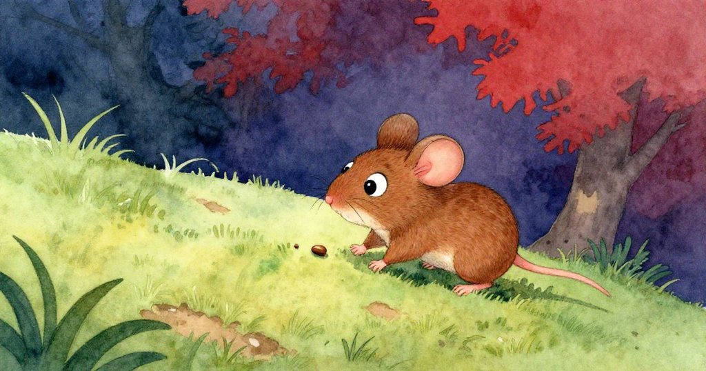 從高處俯瞰，小老鼠Milo在起伏的丘陵上努力推動微小種子，神情堅定卻帶些挫折，土壤和草地豐富細緻。