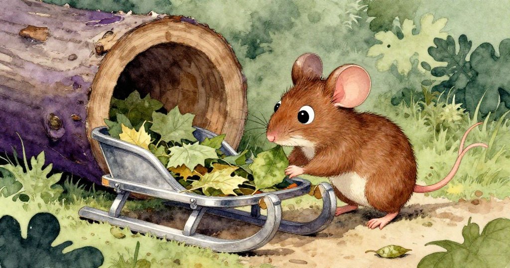 在樹洞旁的空地上，小老鼠Milo忙著拾取落葉製作雪橇，他動作靈活且充滿創意，場景溫暖而自然。