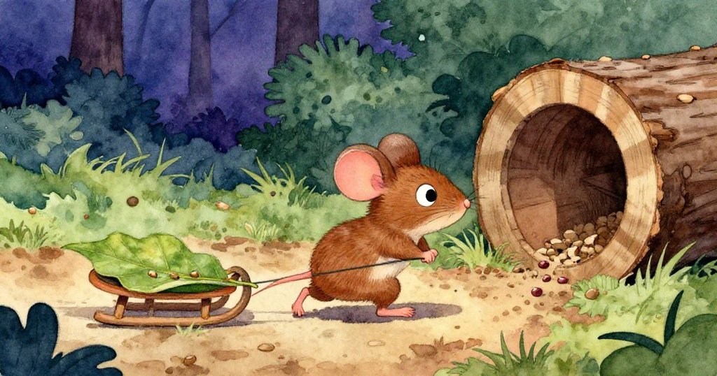 小老鼠Milo努力拉著葉製雪橇穿過粗糙泥土，種子滑向樹樁洞口，他滿懷驚奇與期待，動作充滿決心。