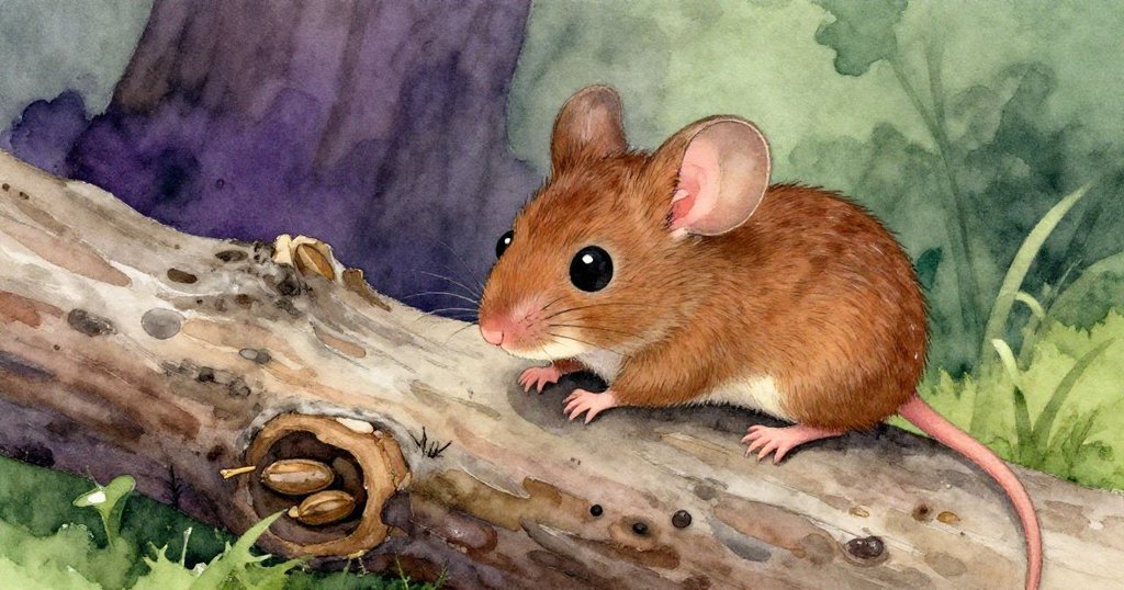 在旅程結尾，小老鼠Milo安逸地倚靠樹洞休憩，種子安全地留在洞中，神情寧靜滿足，環境溫柔靜謐。