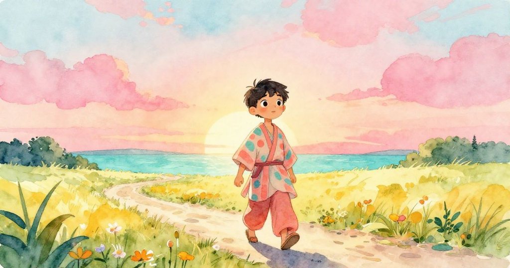 Ivan走在鄉村小徑上，剪影在夕陽下閃耀，充滿期待的神情展開冒險序幕