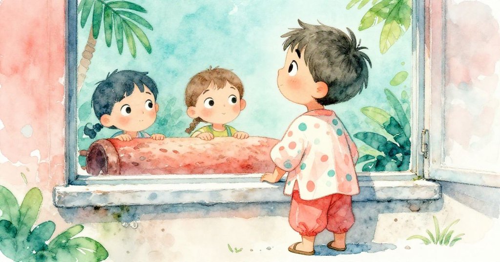 Ivan踮起腳尖好奇望向塵埃覆蓋的小窗，裡面有兩個孩子正在交談，畫面充滿神秘與期待