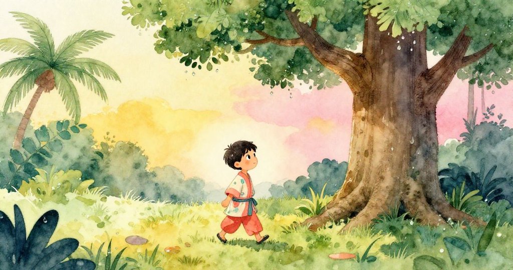 Ivan踏入靜謐森林，走向古老樹木，雨滴在綠葉上閃爍，散發著敬畏與探索的情緒