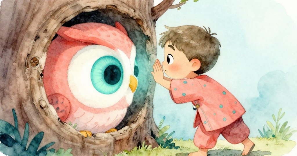 Ivan將眼睛貼向老樹洞口，驚見閃亮的貓頭鷹眼睛，臉上流露出好奇與驚奇情感