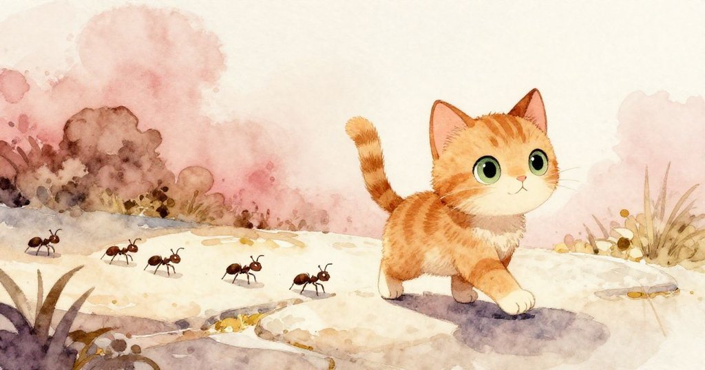 小貓在陽光灑落的石頭上行走，剪影清晰，背景中有忙碌的螞蟻，呈現開端的探索與溫暖氛圍。
